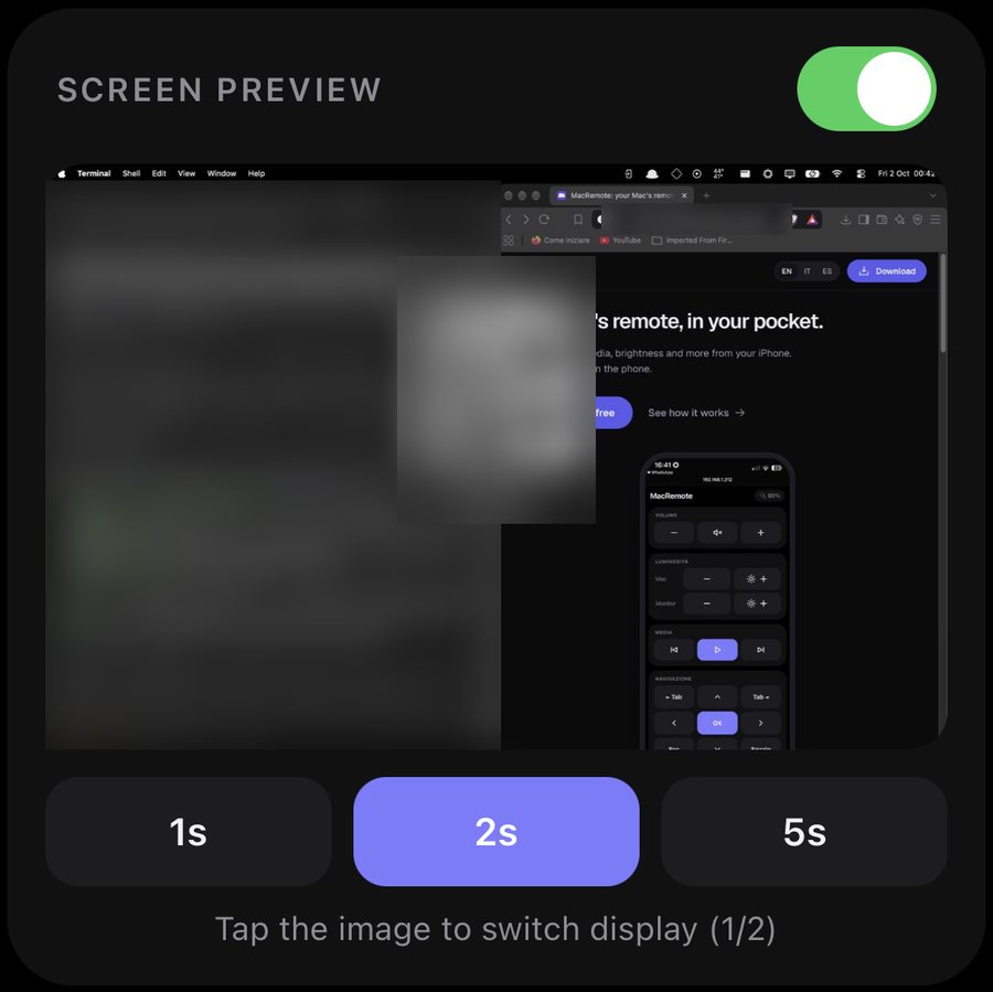 Screen preview switched on with 1, 2 and 5 second intervals